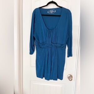 Soma XL Womens Peacock Blue Jersey Knit Gather Waist 3/4 Sleeve Swing Dress